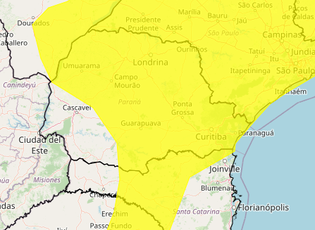 Alerta amarelo para chuvas intensas no Paraná nesta segunda-feira (18)