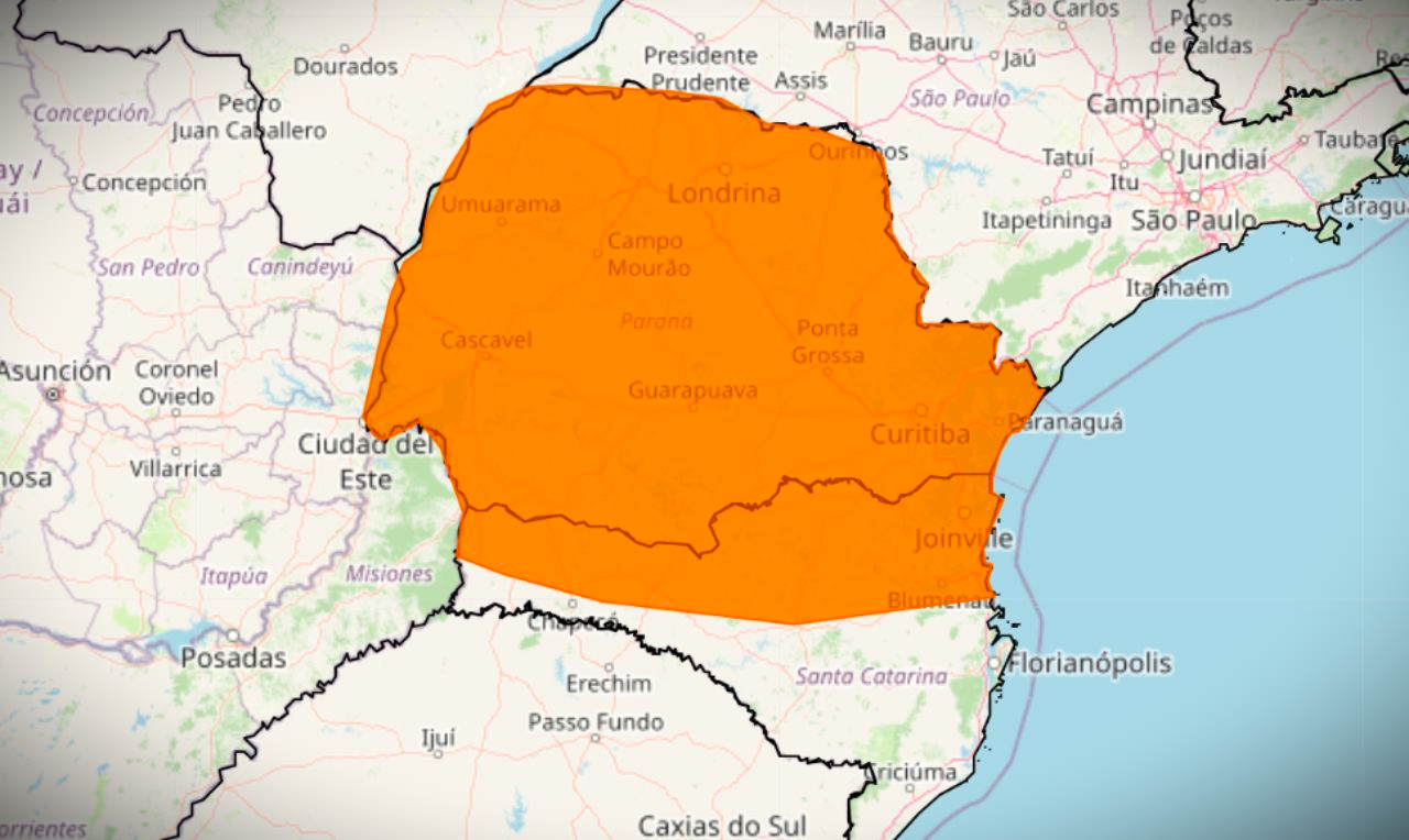 Mapa mostra todo o Estado do Paraná em alerta