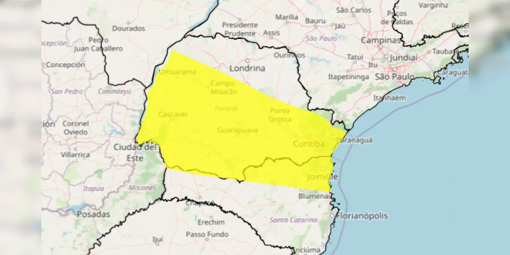 Alerta amarelo: Chuva forte e rajadas vento em grande parte do Paraná e partes de Santa Catarina
