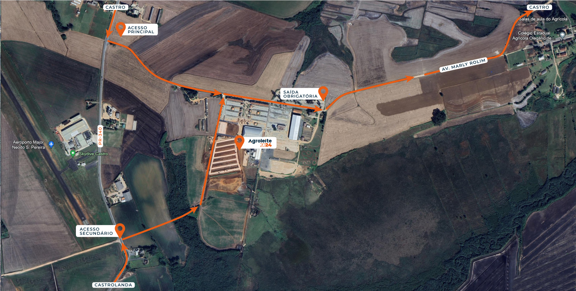 A entrada dos veículos será pela rodovia PR-340 e a saída pela Avenida Marly Rolim (estrada do Colégio Agrícola).