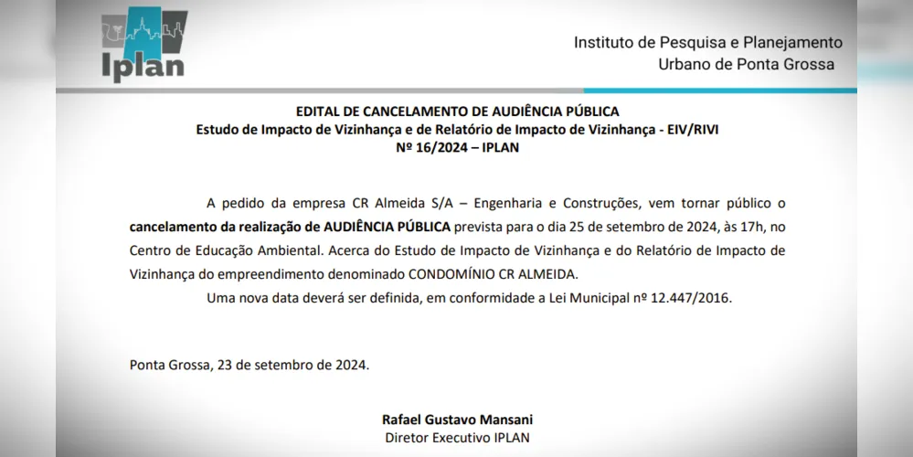 Audiência Pública foi cancelada pelo Instituto de Pesquisa e Planejamento Urbano de Ponta Grossa