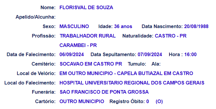 Informações sobre o sepultamento de Florisval de Souza