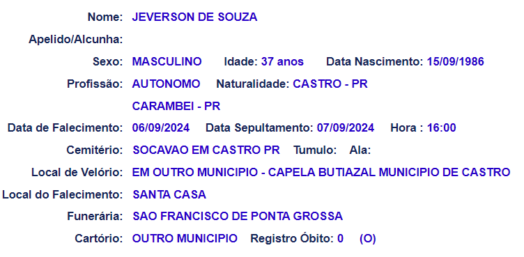 Informações sobre o sepultamento de Jeverson de Souza