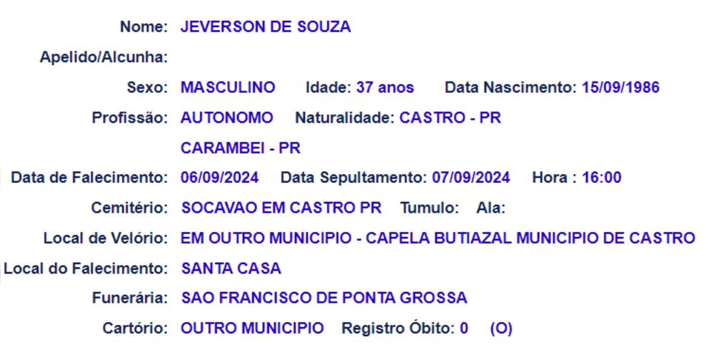 Informações sobre o sepultamento de Jeverson de Souza