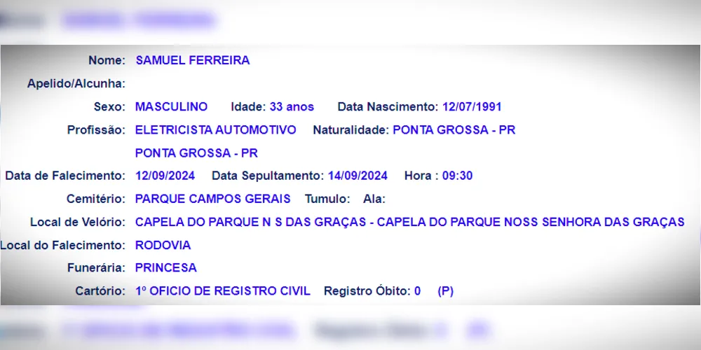 Informações do Serviço Funerário sobre a vítima