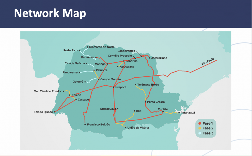 Mapa mostra as conexões feitas, em diferentes etapas, do projeto Rede Paranaense de Supercomputação