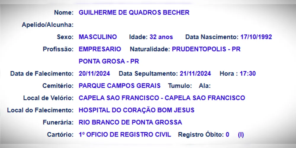 Veja as informações sobre o velório e sepultamento de Guilherme
