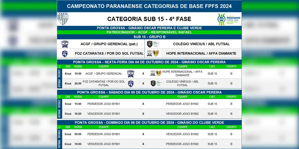 Tabela de jogos divulgados.