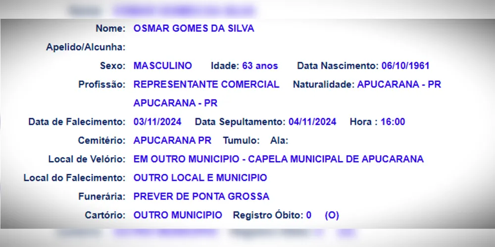 Informações sobre velório e sepultamento de Osmar