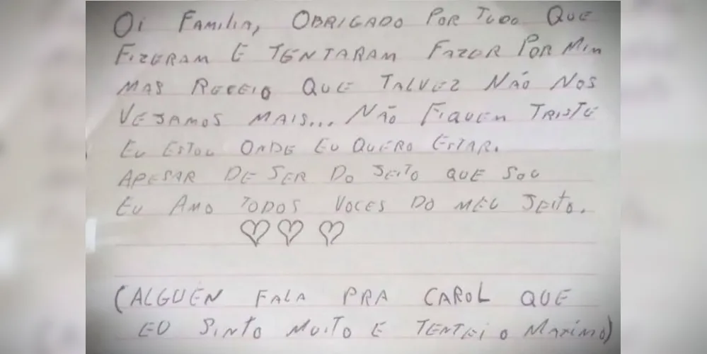 Leia a carta escrita por José Diego Machado aos familiares