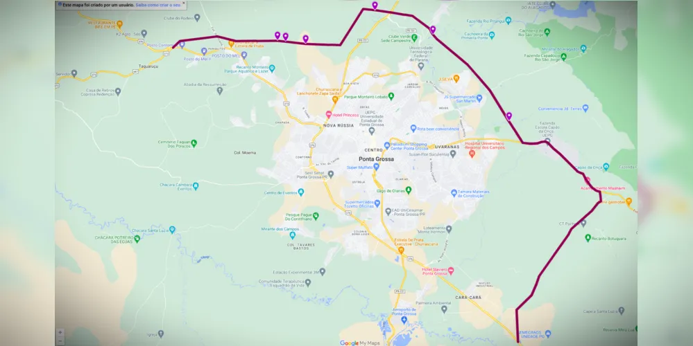 Traçado do Contorno Rodoviário de Ponta Grossa apresentado pelo Governo do Paraná