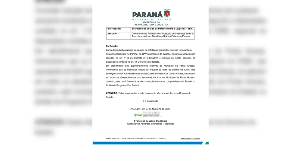 Documento da Secretaria de Estado de Infraestrutura e Logística destaca medidas que garantem redução da cobrança do ICMS