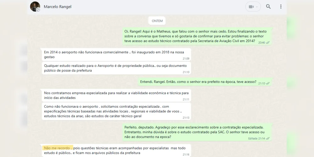 Resposta do ex-prefeito está registrada na conversa pelo WhatsApp