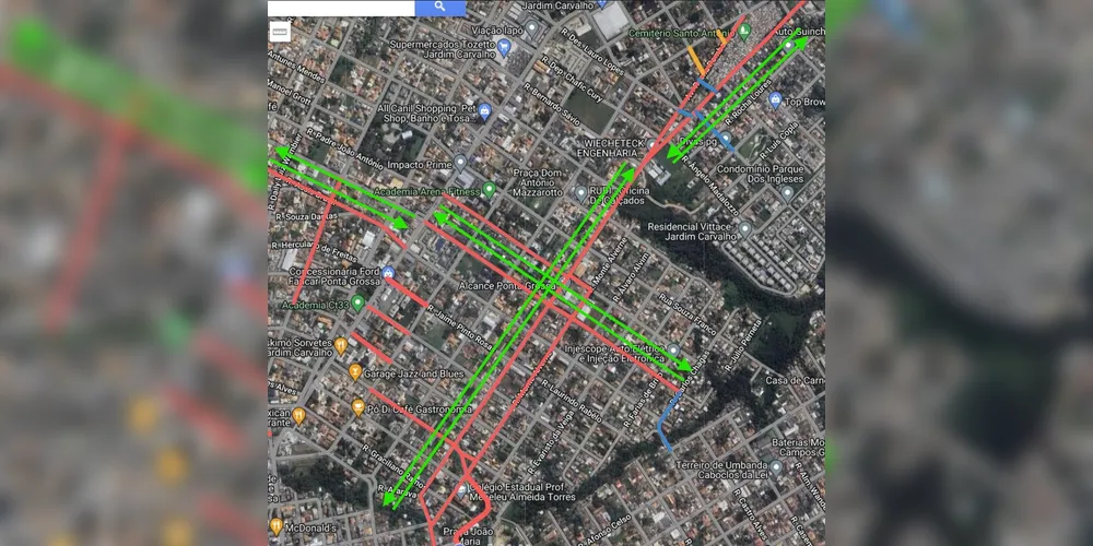 Mapa mostra ruas que receberam melhorias, no Jardim Carvalho