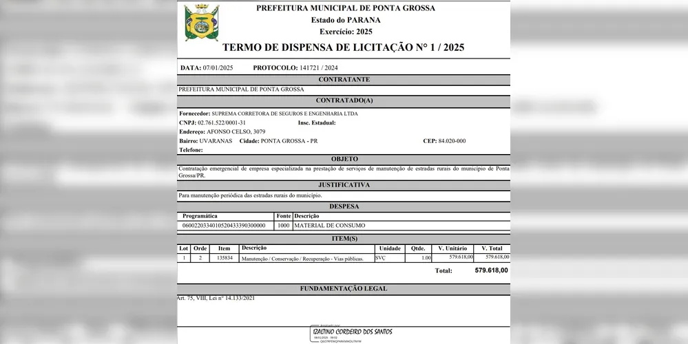 Termo de dispensa de licitação nº. 1/2025 publicado na edição de quinta-feira (9) do Diário Oficial de Ponta Grossa