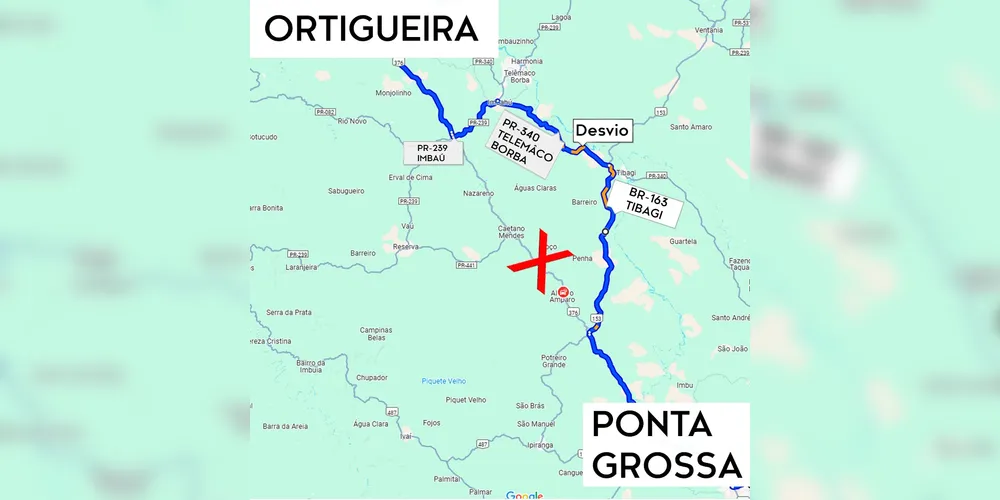 A sugestão da PRF é o desvio pela PR-239, em Imbaú, acessando a PR-340 antes de Telêmaco Borba no sentido Tibagi, depois a BR-153, até acessar novamente a BR-376 no sentido Ponta Grossa