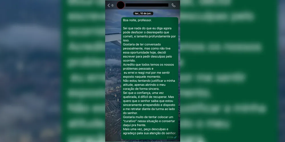 Acadêmico enviou mensagem de desculpa ao professor
