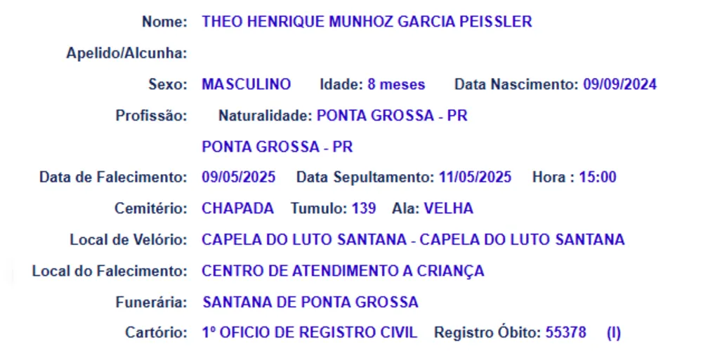 Vítima nasceu em setembro de 2024