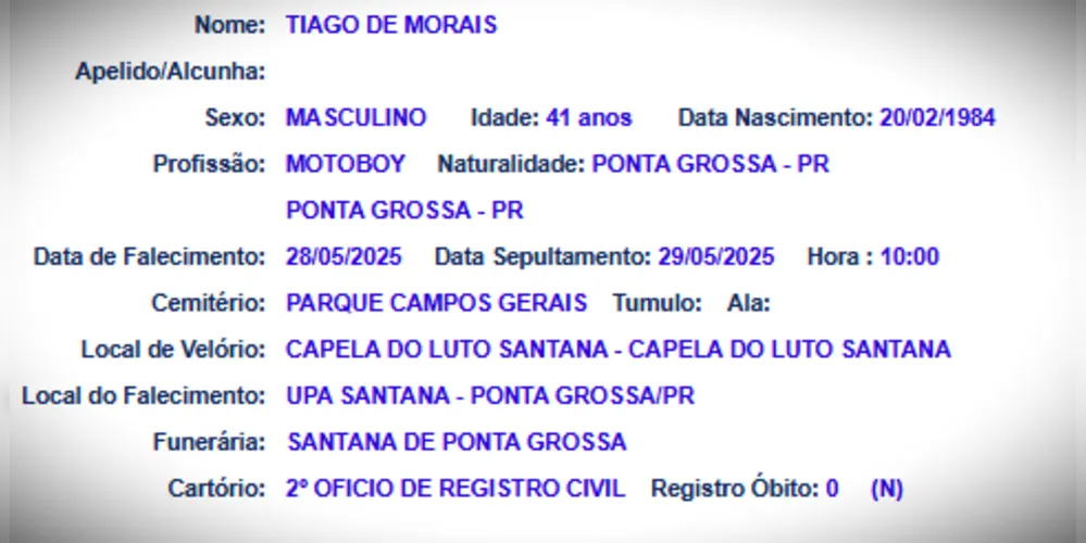 Veja as informações sobre velório e sepultamento