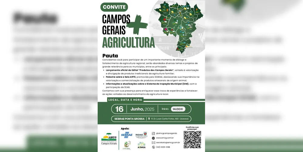 O evento conta com o apoio do SEBRAE, do Governo do Estado do Paraná e dos Comitês Territoriais Vale do Tibagi e Avança Campos Gerais.