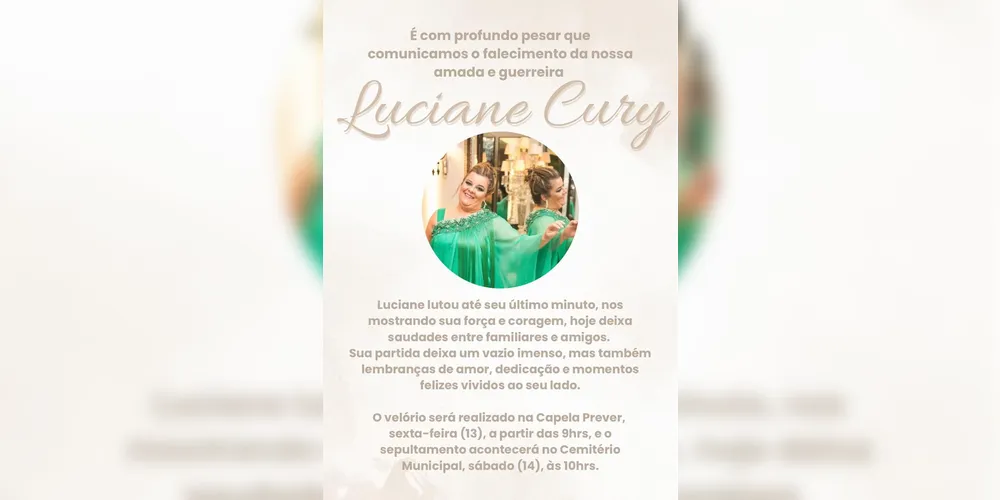 Imagem ilustrativa da imagem Morte de Luciane Cury causa grande comoção em Ponta Grossa