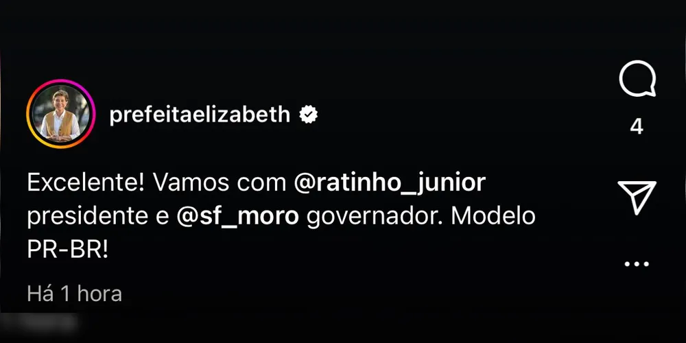 Imagem ilustrativa da imagem Elizabeth volta a defender Ratinho presidente e Moro governador
