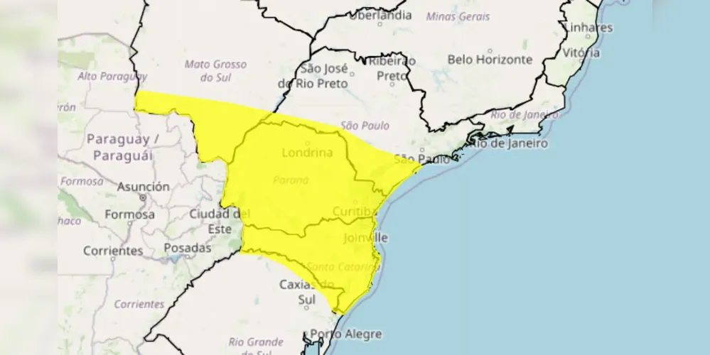 Alerta amarelo para chuva intensa e ventania em partes do RS, SC, PR, SP e MS
