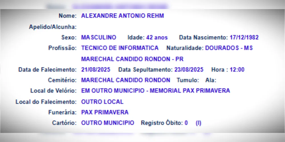 Confira informações sobre o óbito de Alexandre