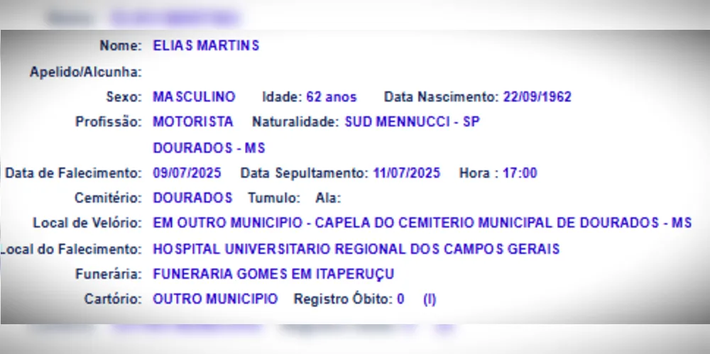 Confira as informações sobre o sepultamento da vítima
