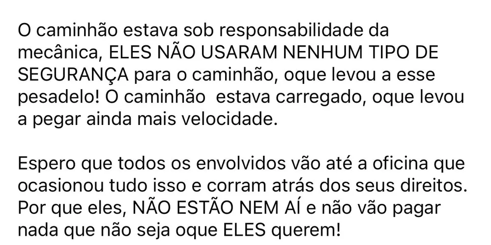 Captura de tela de um trecho do relato de Samantha, esposa do condutor