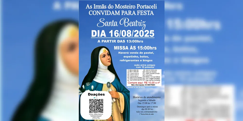 Imagem ilustrativa da imagem Mosteiro Portaceli realiza 'Festa de Santa Beatriz' neste sábado em PG