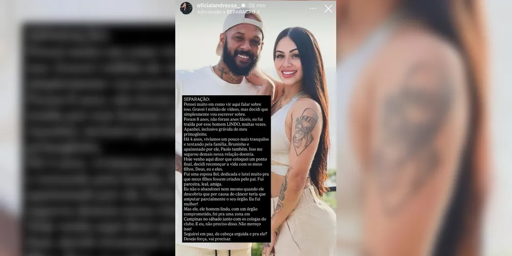 Postagem da ex-esposa Andressa Marinho