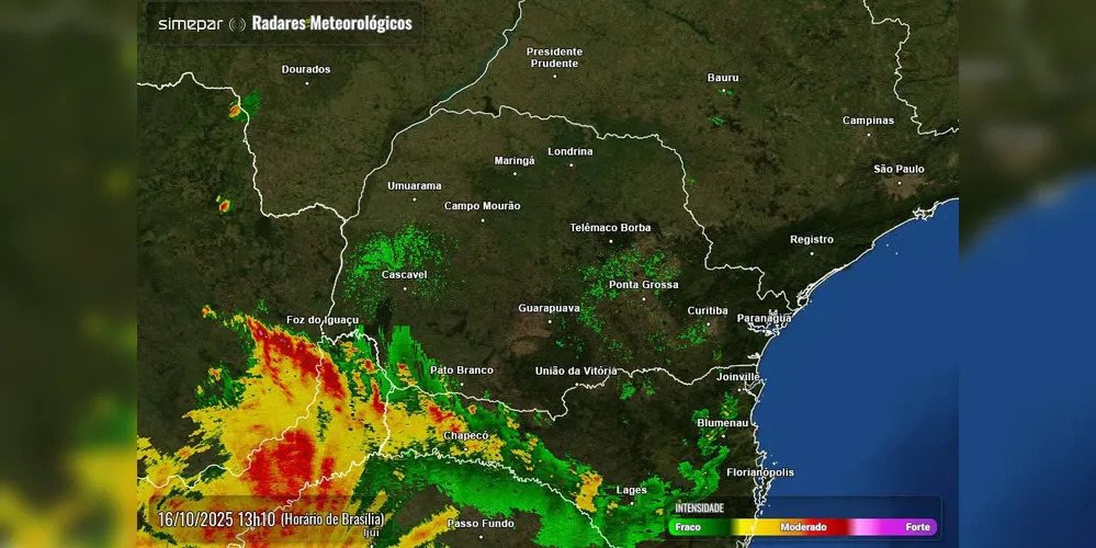 Há maior possibilidade de tempestades nas cidades que ficam mais ao Sul, desde o extremo Oeste até o Litoral do Paraná