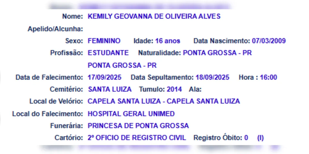 Leia as informações sobre velório e sepultamento da Kemily