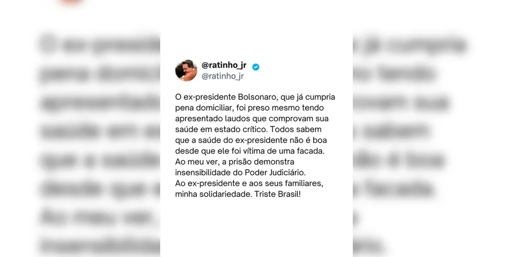 Imagem ilustrativa da imagem 'Prisão demonstra insensibilidade', diz Ratinho Jr. sobre decisão de prender Bolsonaro