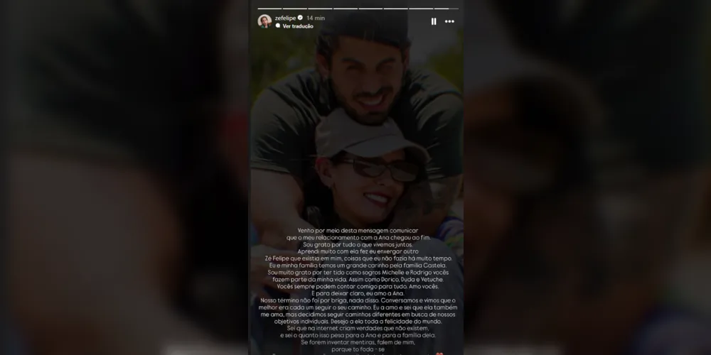 Imagem ilustrativa da imagem Zé Felipe anuncia fim do namoro com Ana Castela: ‘Aprendi muito’