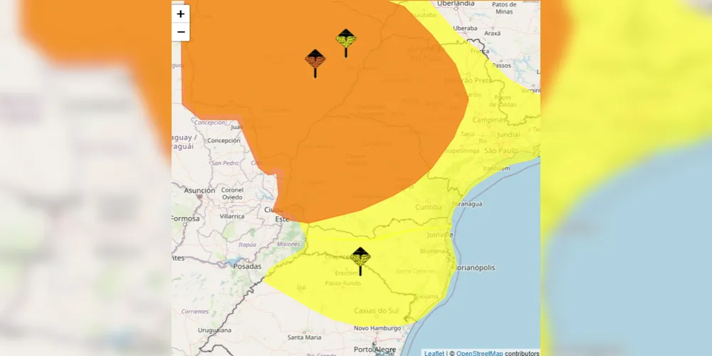 Parte do Paraná sob alerta amarelo e outra metade sob  alerta laranja