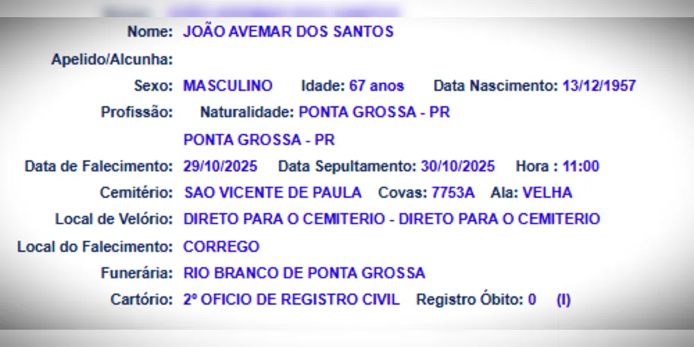 Corpo da vítima será direcionado diretamente ao Cemitério