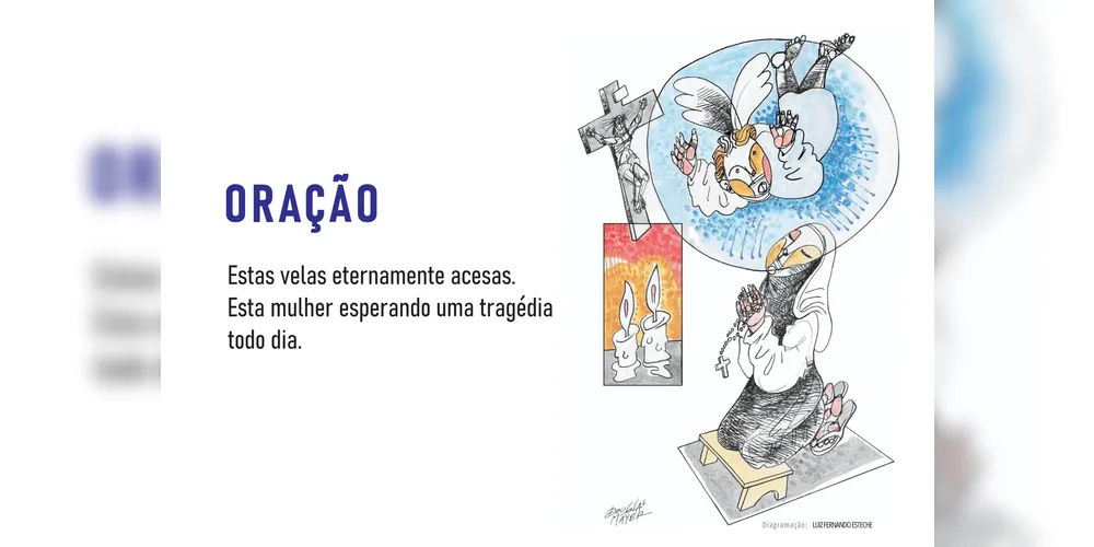 “Oração”. Ilustração que acompanha poema dedicado à devoção cotidiana, à espera e à espiritualidade popular.