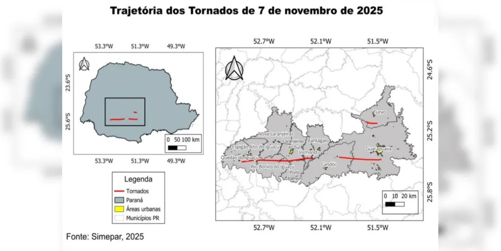 Trajetória do Tornado pela região