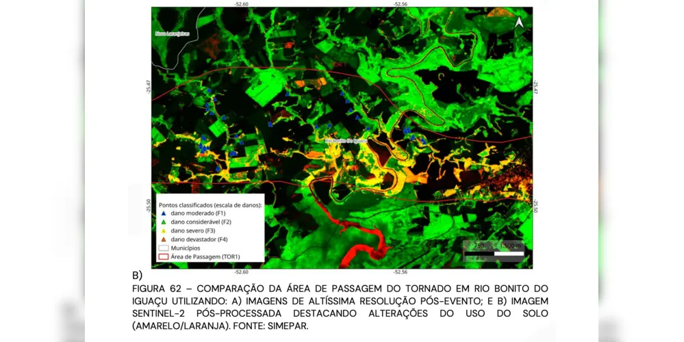 O mapa exerce um panorama da passagem do tornado pela região