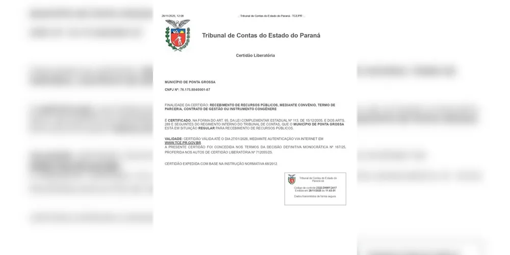 A certidão emitida pelo TCE/PR sobre a regularidade das contas de Ponta Grossa.