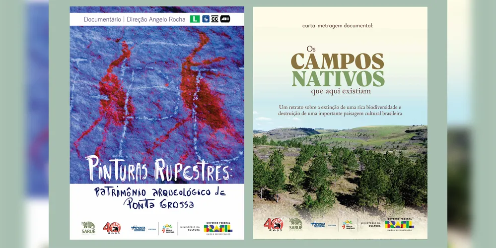 Cartazes dos documentários  “Pinturas Rupestres: patrimônios arqueológicos de Ponta Grossa” e “Os Campos Nativos que aqui existiam”.