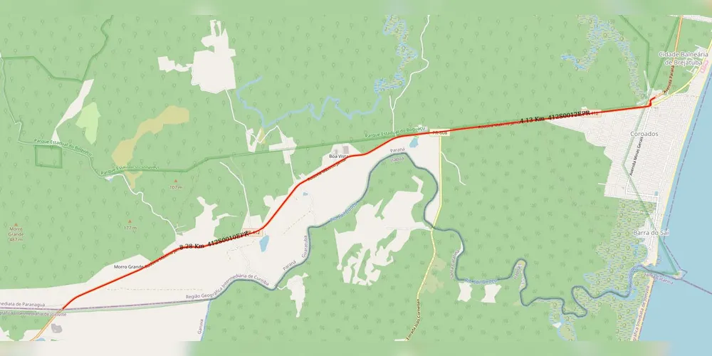 O trecho contemplado começa no km zero da PR-412, na divisa entre os estados, e segue até a interseção em nível de acesso para o Balneário Coroados, que será substituída por um novo viaduto