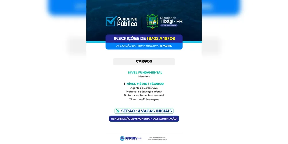 O concurso oferece 14 vagas iniciais, além de cadastro de reserv