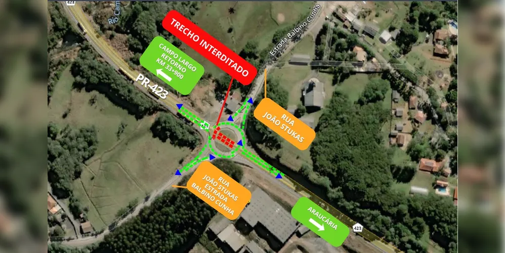 Será fechado um dos acessos da rotatória de acesso à Rua João Stukas/Estrada Balbino Cunha