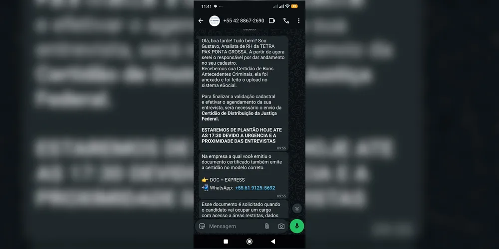 Mensagens informam um falso processo de contratação