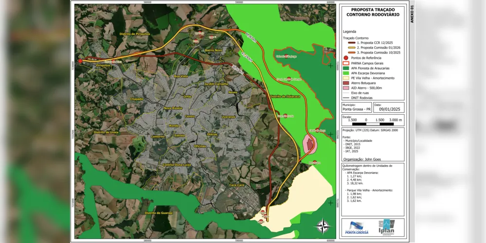 Os traçados propostos pela concessionária e pela comissão da sociedade civil organizada para o novo contorno rodoviário.