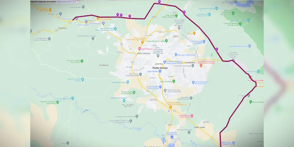 A proposta da PR Vias para o traçado do novo contorno rodoviário.