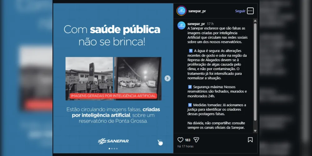 Publicação compartilhada nas redes sociais da Sanepar